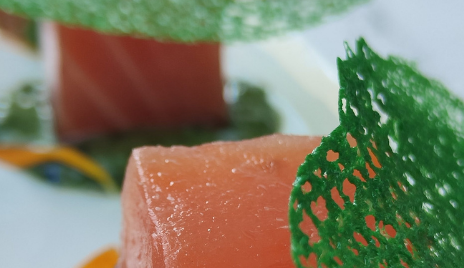 Dados de Salmón Benfumat con mojo de alga Codium y coral de espirulina